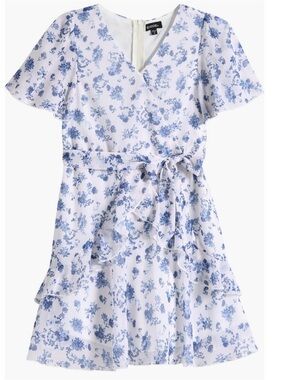 Zunie White and Blue Floral Tie-Waist Dress